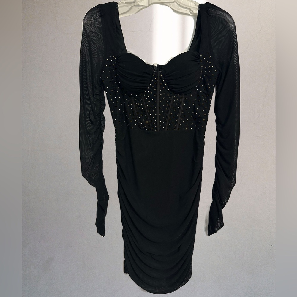Black Mesh Long Sleeve Ruched Mini Dress w/ Gold Studs